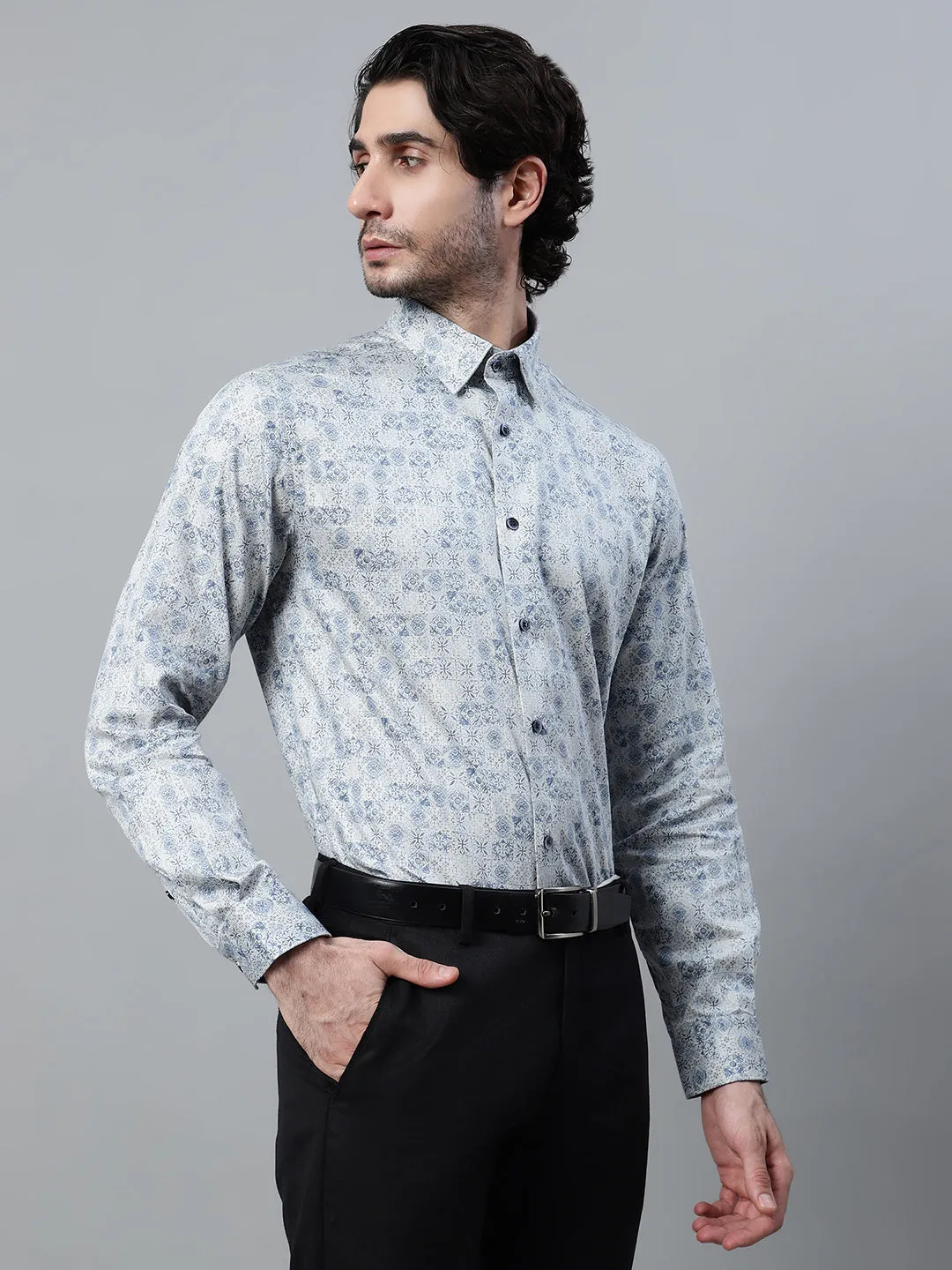 Men's Grey Printed Full Sleeve Partywear Shirt