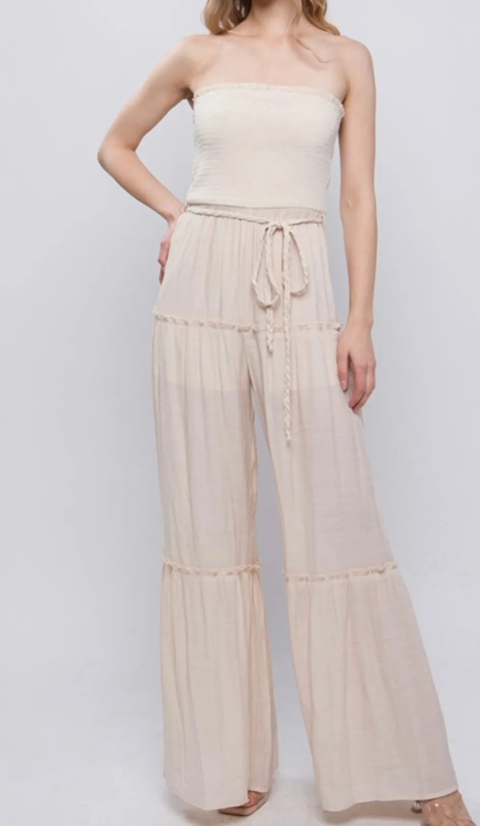 Natural Strapless Wide Leg Jumpsuit