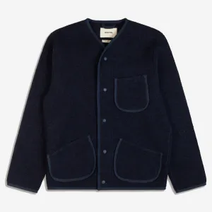 Neist Wool Fleece Collarless Cardigan - Midnight Blue