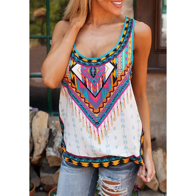 NEW 2018 Summer Fashion Women Sleeveless Casual Loose Tribal Print Blouses Blusas femme Sexy Ladies Boho Beach Tops Shirts