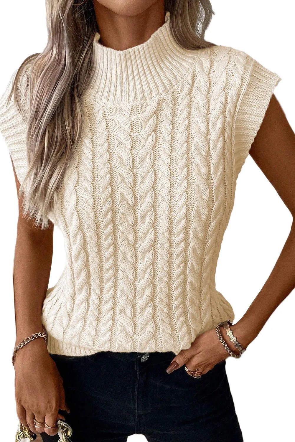 Oatmeal Cable Knit High Neck Sweater Vest