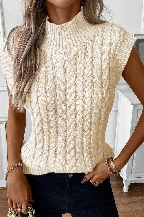 Oatmeal Cable Knit High Neck Sweater Vest