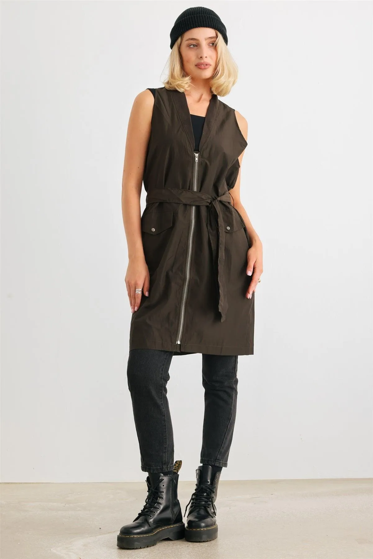 Olive Glossy Zip-Up Belted Two Pocket Long Vest /4-1