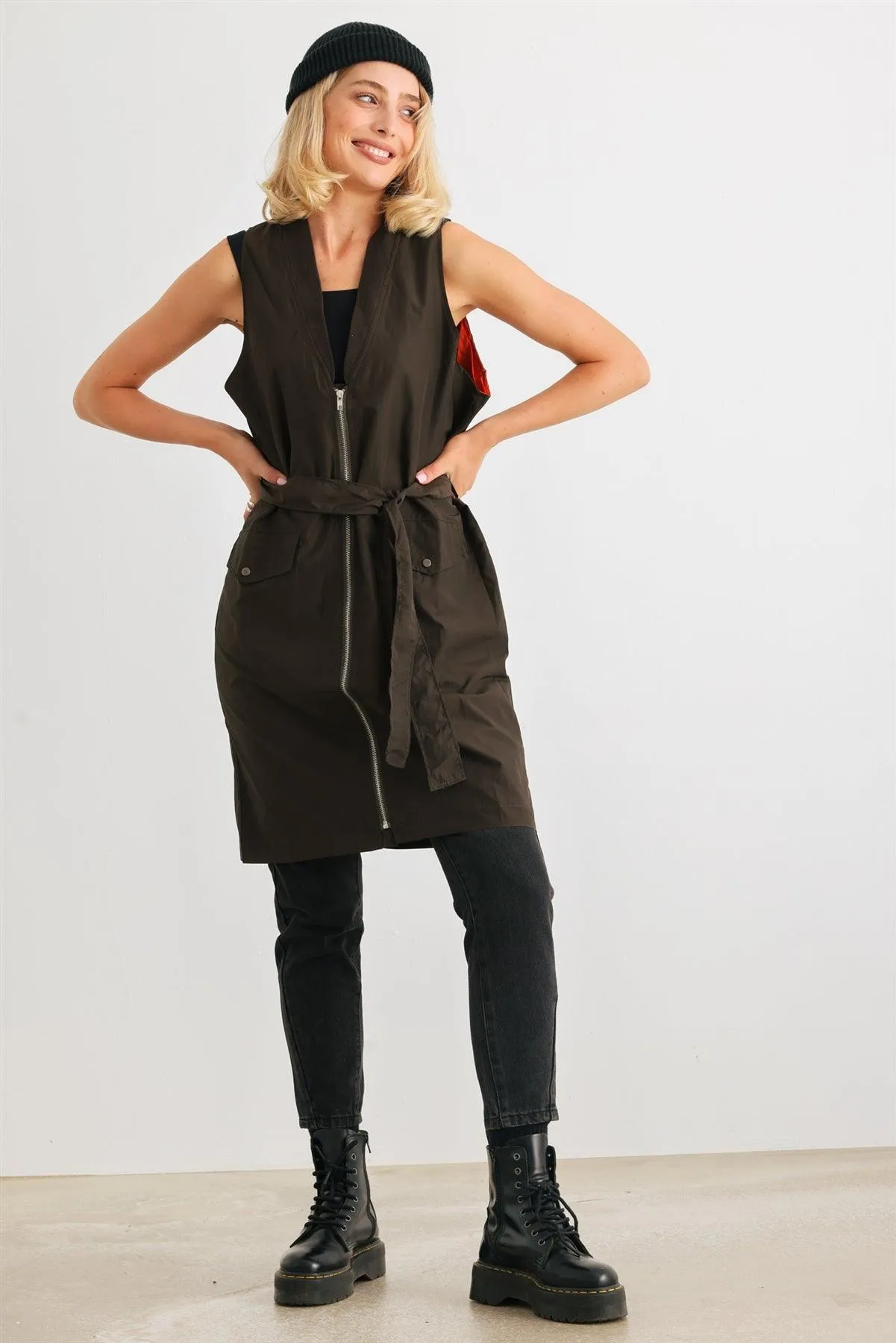 Olive Glossy Zip-Up Belted Two Pocket Long Vest /4-1