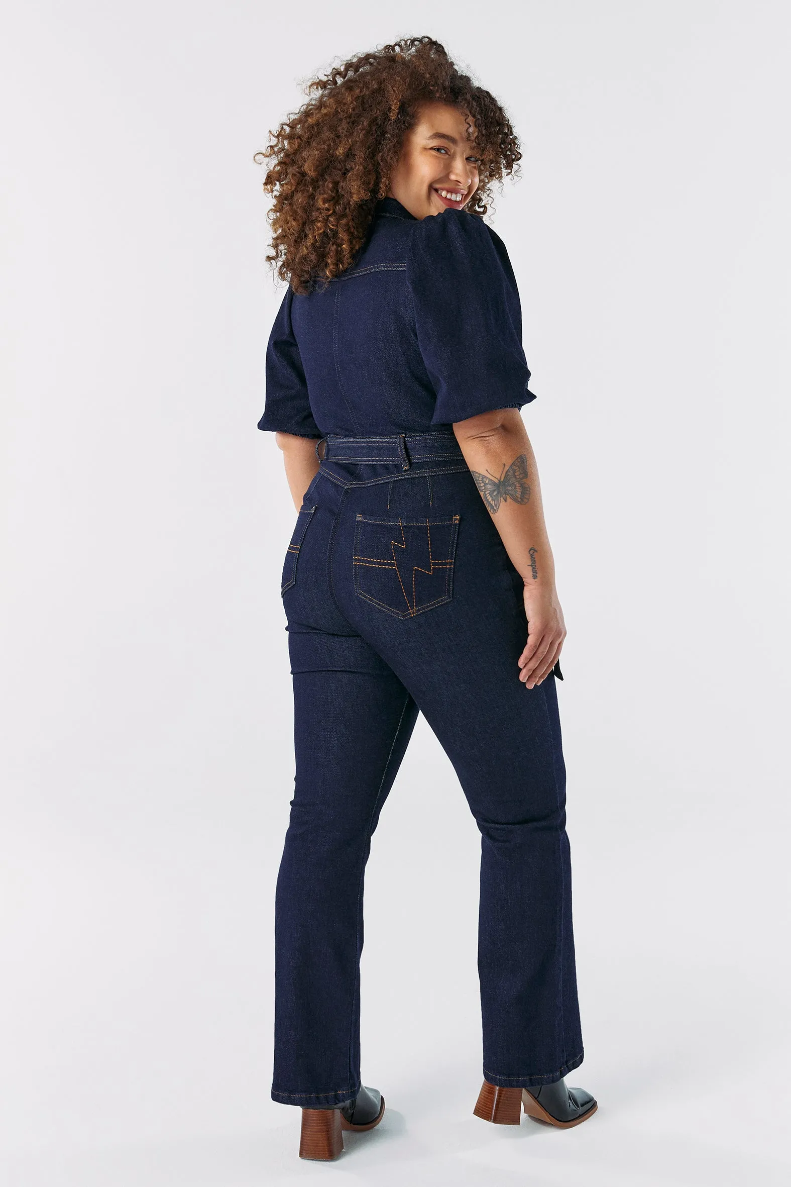 Rinse Wash Denim Flared Leg Jumpsuit