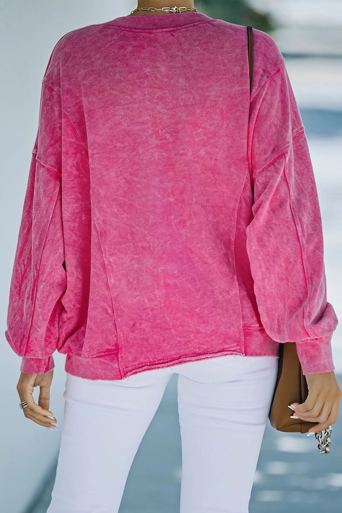 Rose Solid Splicing Loose Pullover Sweatshirt