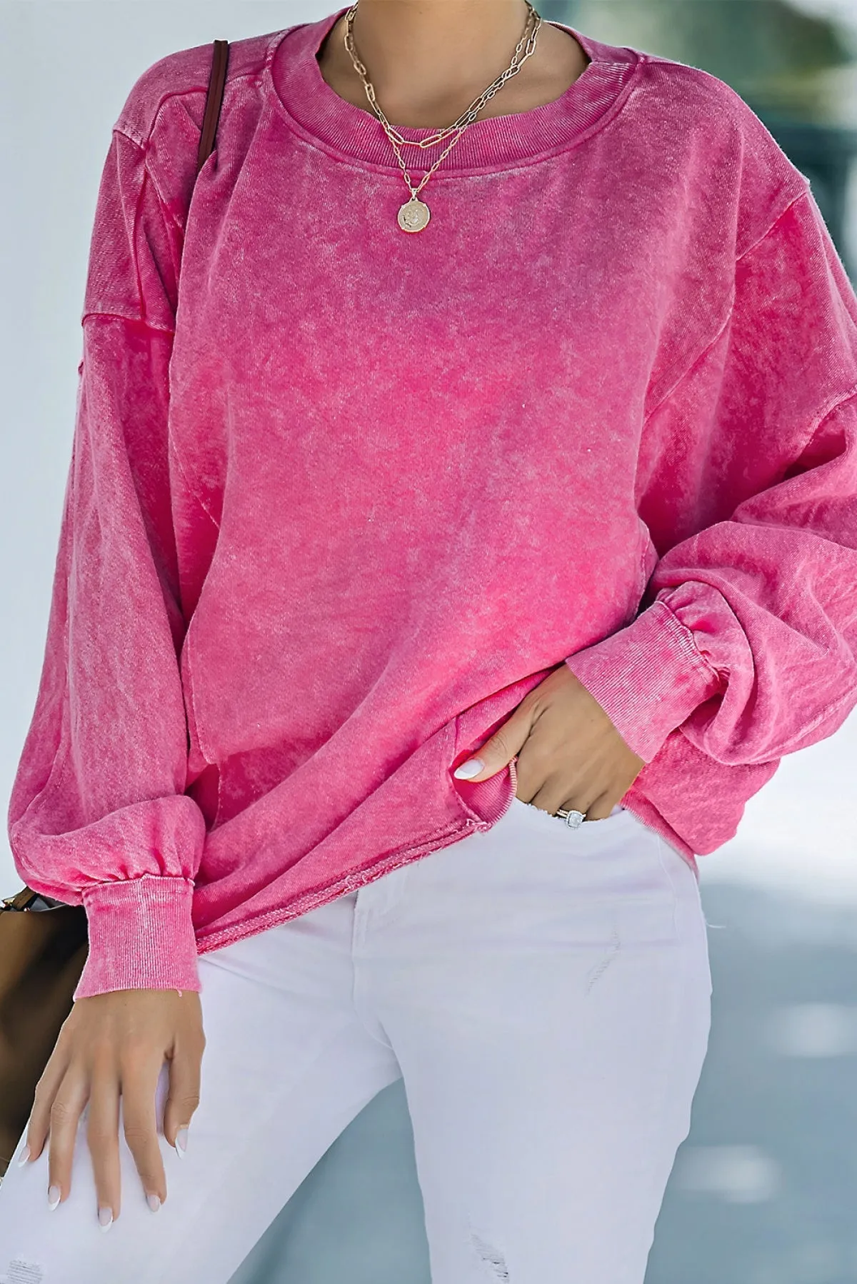 Rose Solid Splicing Loose Pullover Sweatshirt