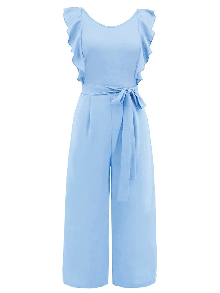 Ruffle Detail Belted Culotte Midi Straight Jumpsuit