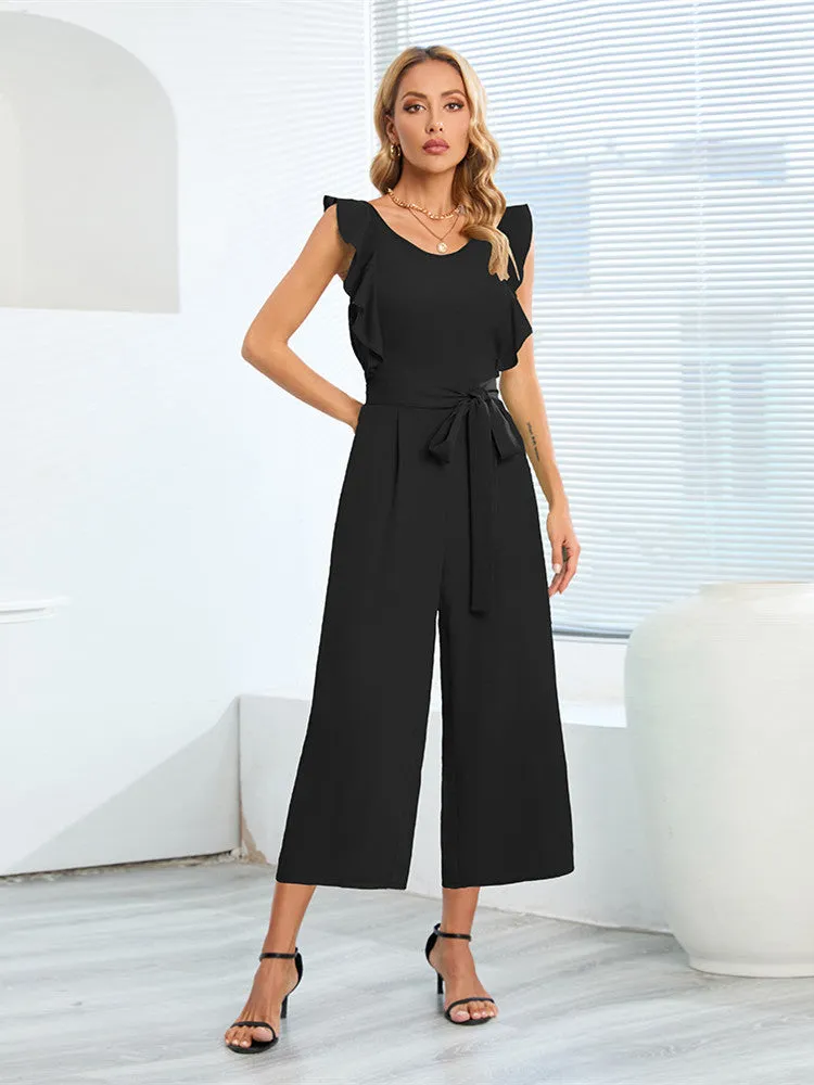 Ruffle Detail Belted Culotte Midi Straight Jumpsuit