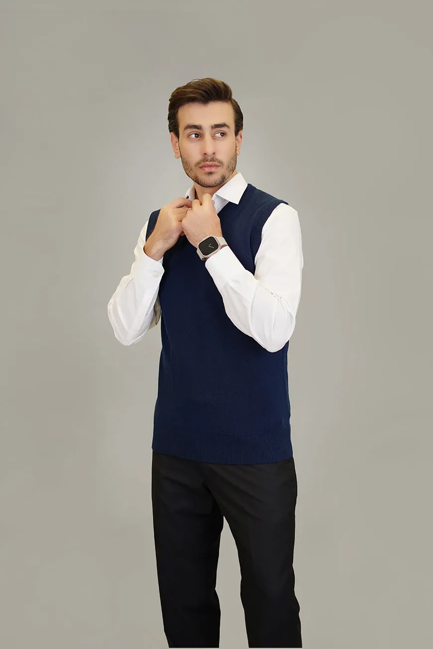 Sleeveless V-Neck Sweater - Marino Wool - Navy Blue