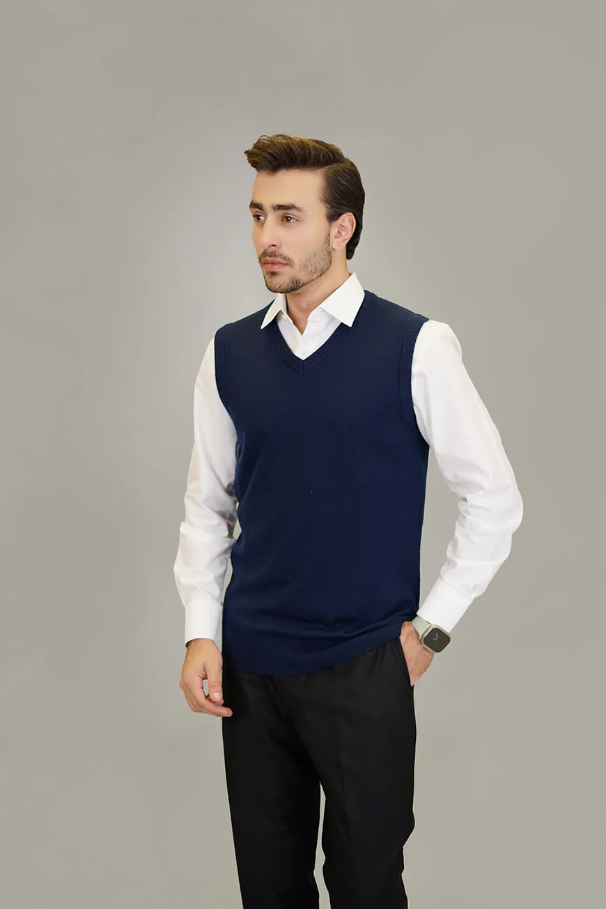 Sleeveless V-Neck Sweater - Marino Wool - Navy Blue