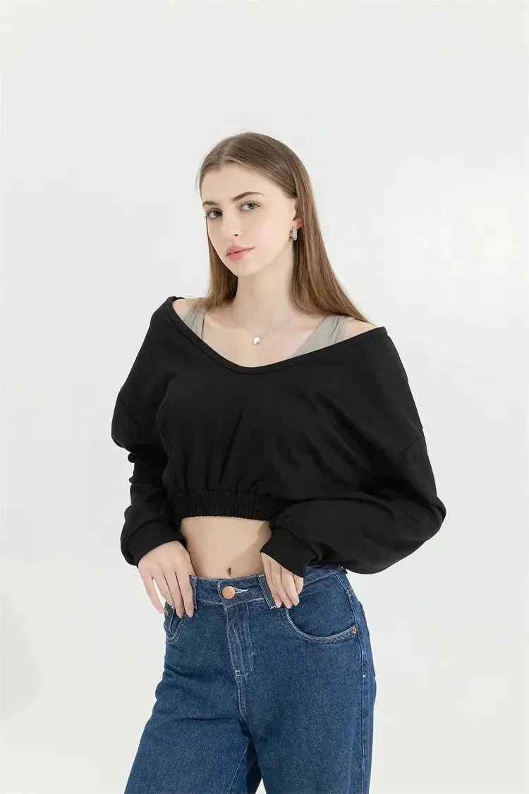 Strap Detailed Wide Neck Crop Sweatshirt