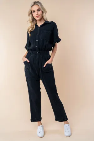 Texture Short Sleeve Jumpsuit