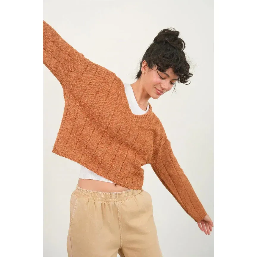 TEXTURED KNIT CROPPED V-NECK SWEATER