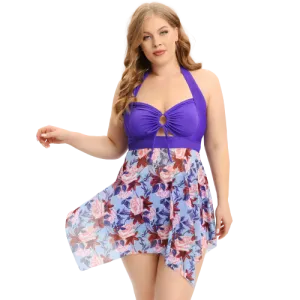 Tropical Print Purple Ring Linked Halter Swim Dress With Shorts