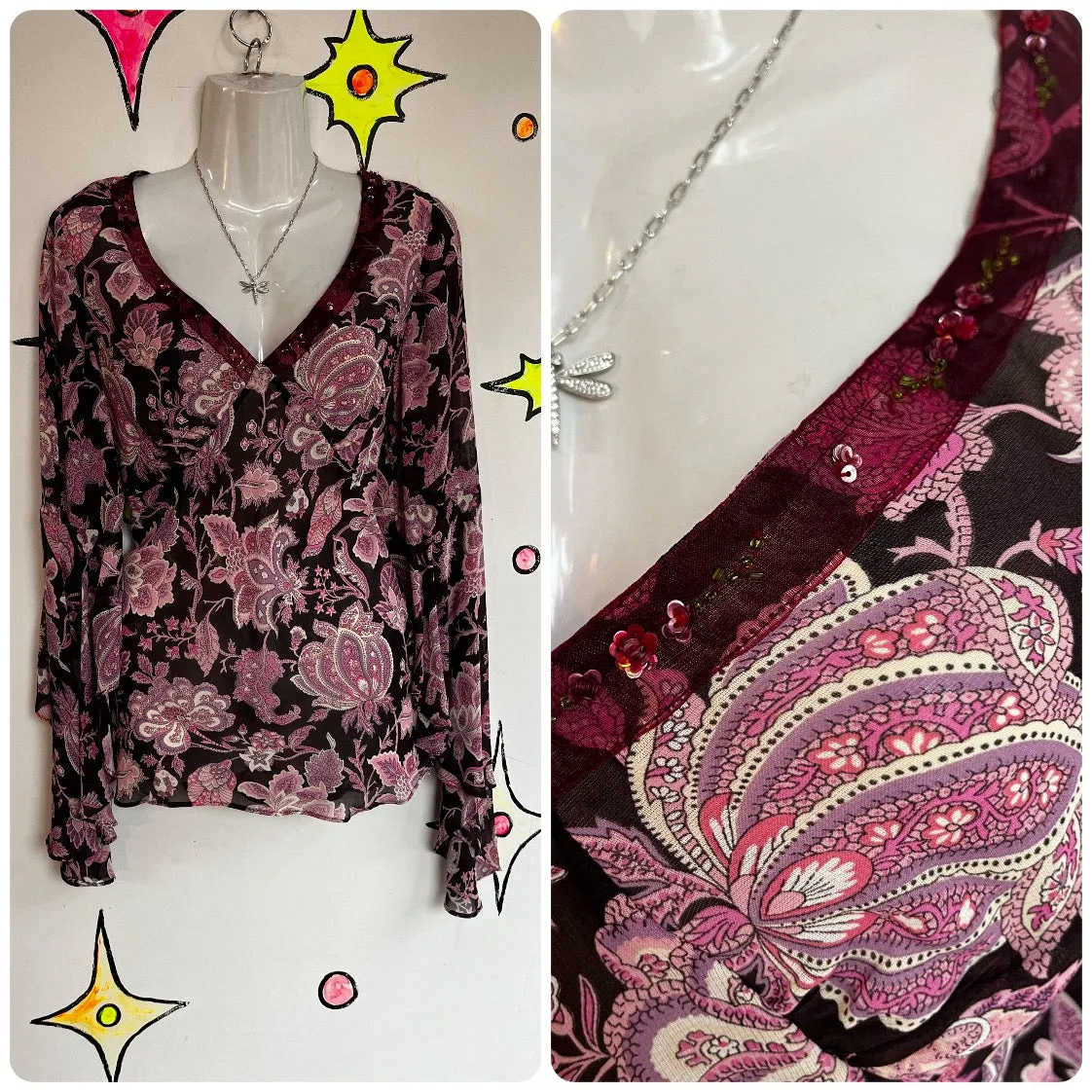 Vintage 90s Y2K | Purple Ruffle Neck Fairy Grunge Goddess Sleeve Emo Boho Top S