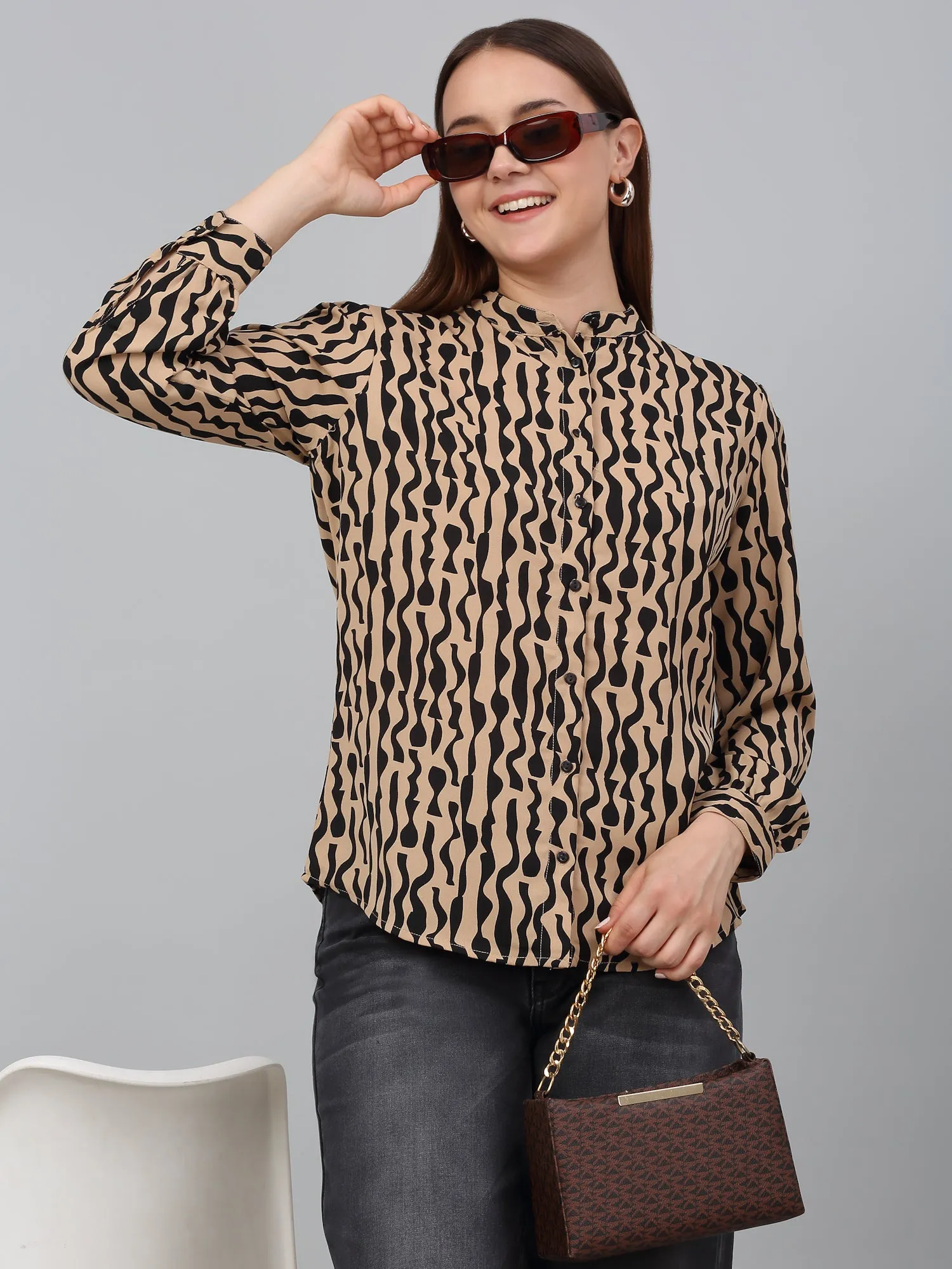 Women Brown Printed Mandarin Collar Casual Tunic