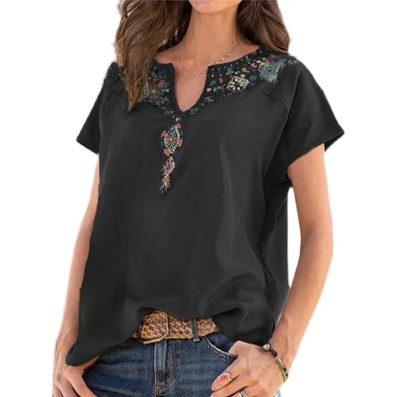 Women V-neck Floral Embroidered Boho Short Sleeve Tops