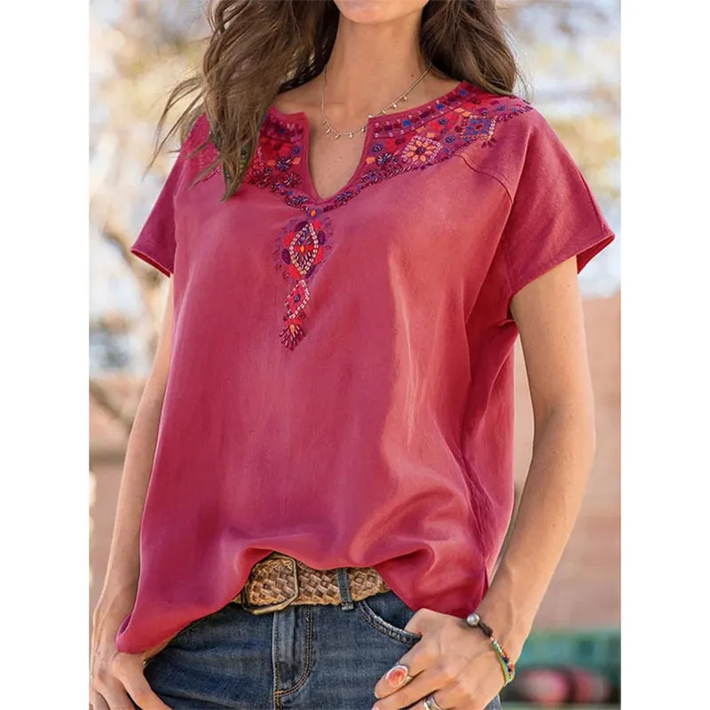 Women V-neck Floral Embroidered Boho Short Sleeve Tops