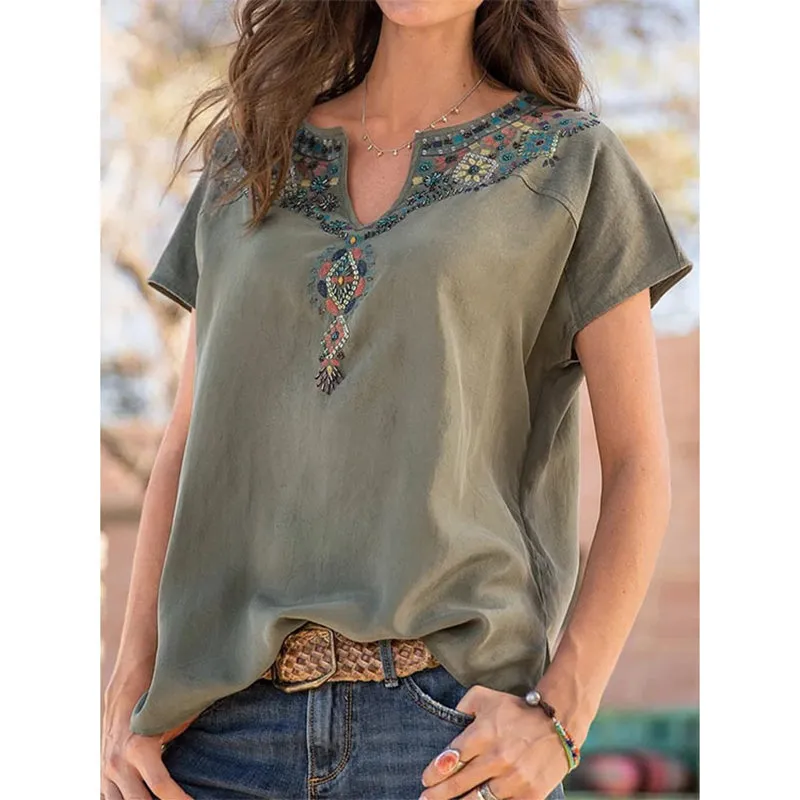 Women V-neck Floral Embroidered Boho Short Sleeve Tops