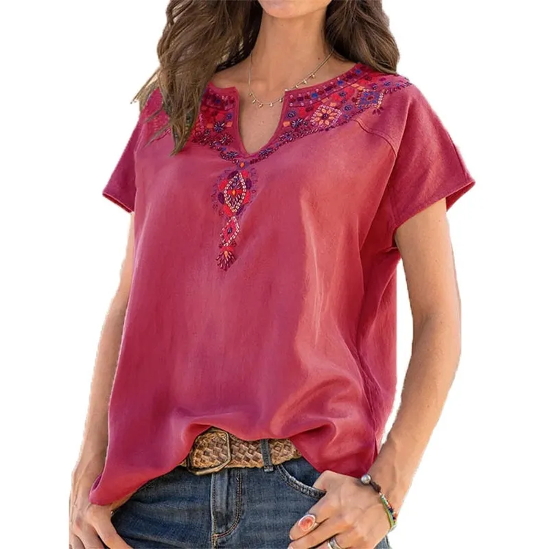 Women V-neck Floral Embroidered Boho Short Sleeve Tops