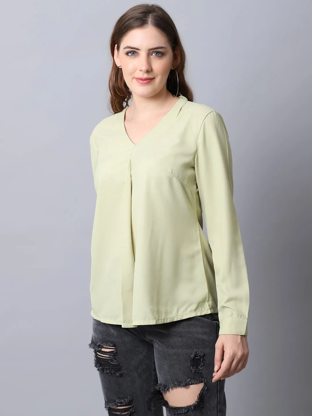 Women's Basic  Green Solid V neck Top