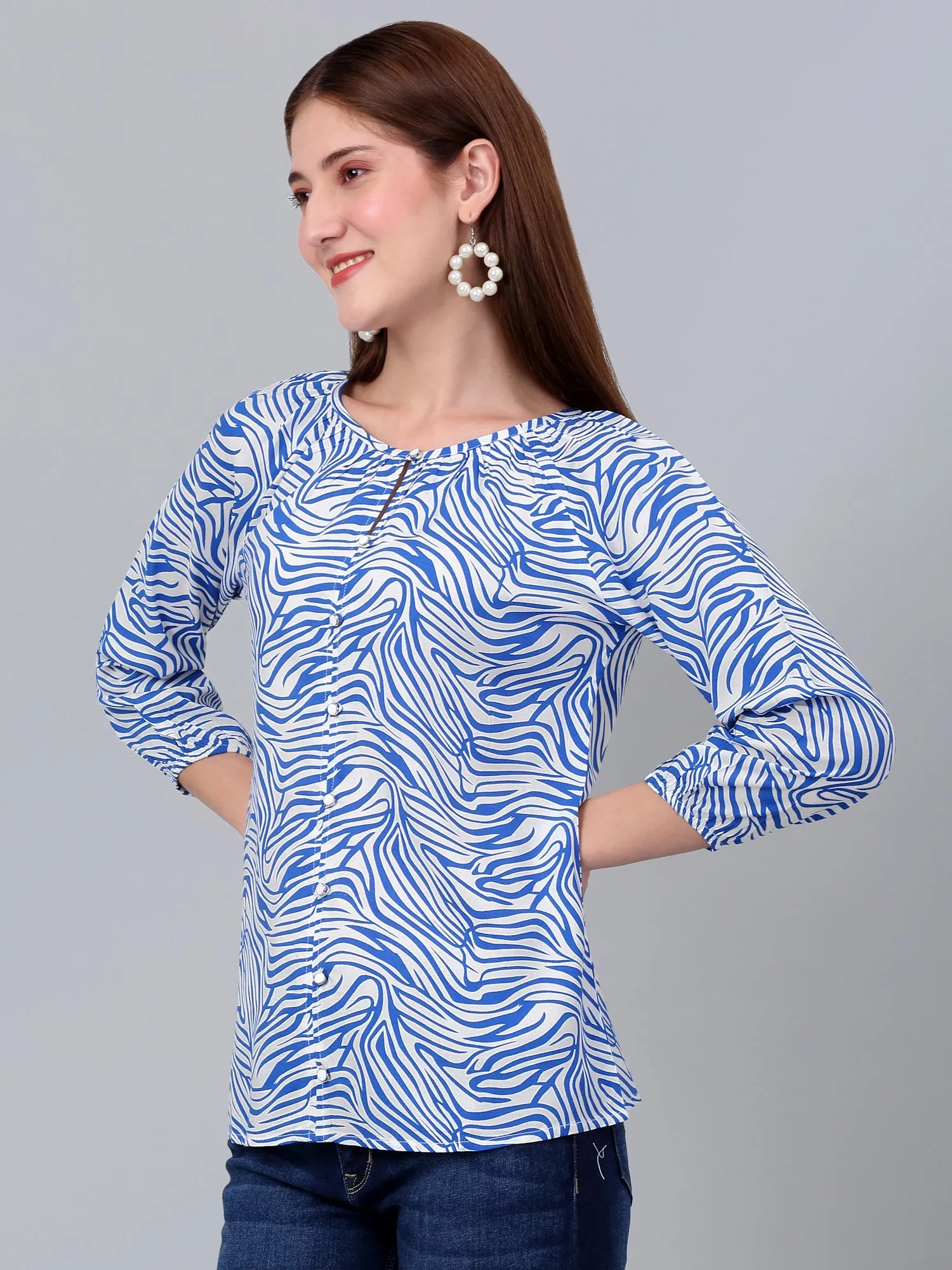 Women's Blue Printed Casual Top