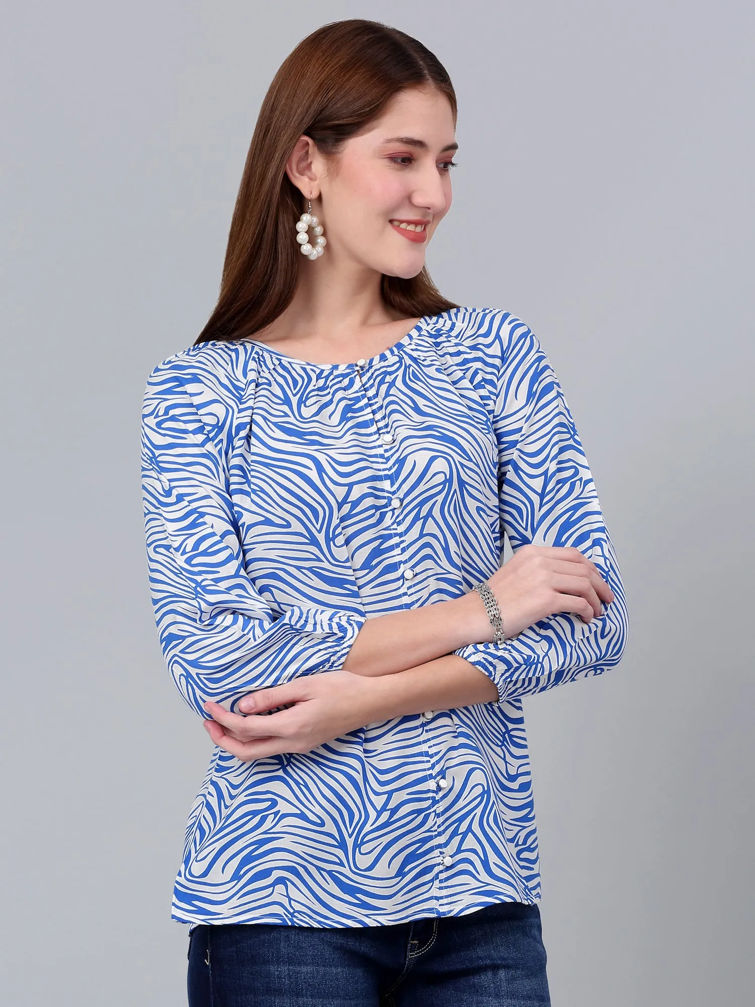 Women's Blue Printed Casual Top