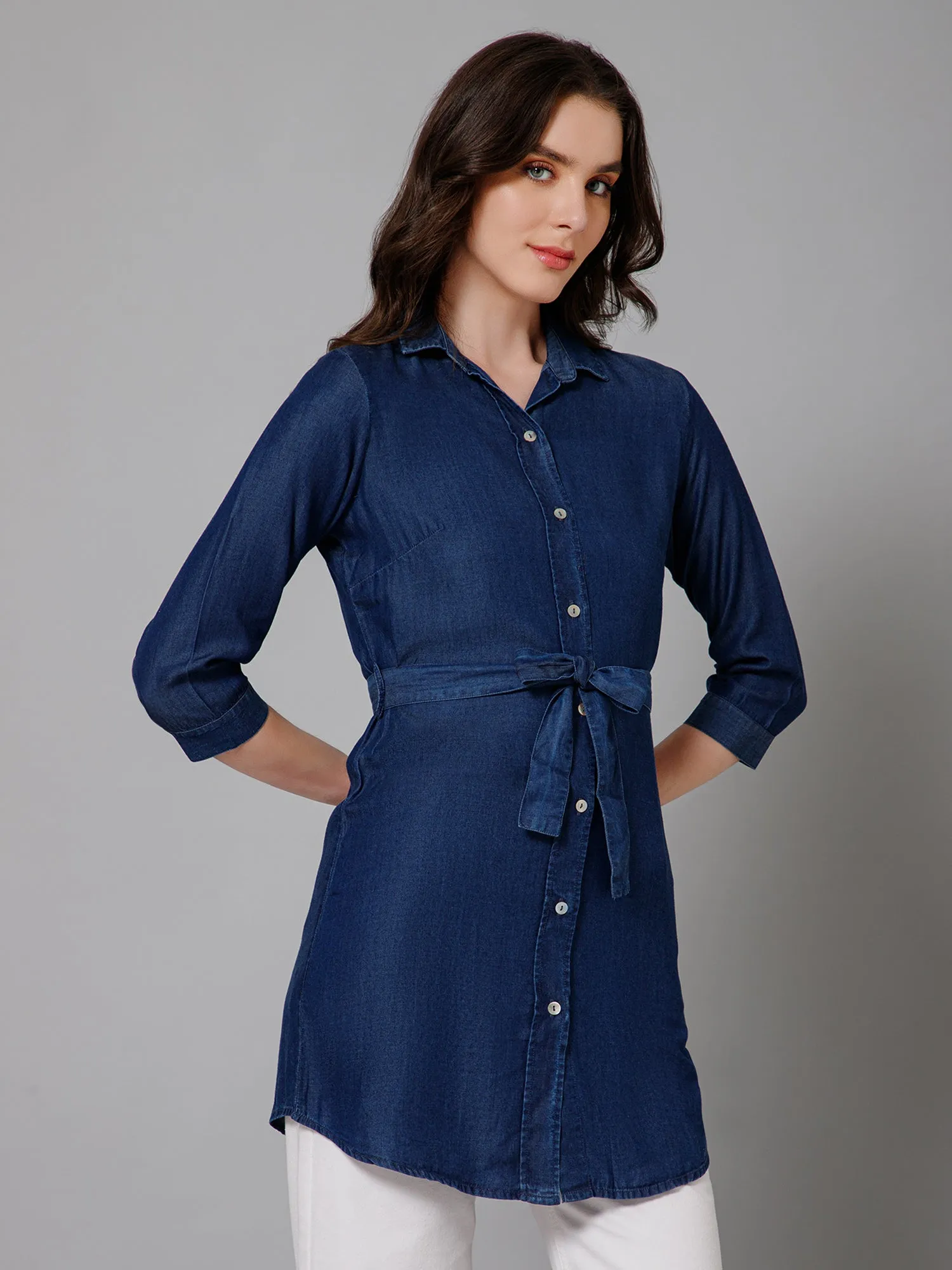 Women's Casual  Dark Blue Denim Solid Spread Collar Tunic