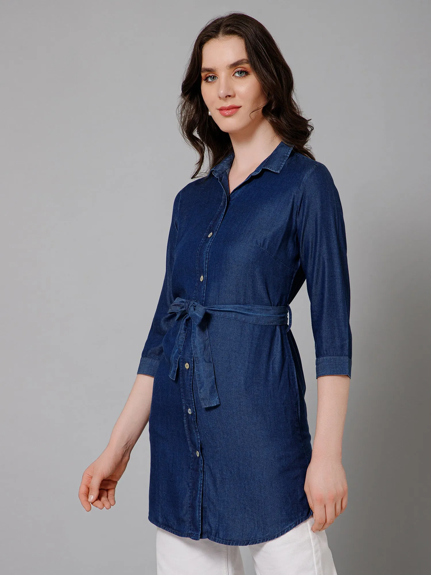 Women's Casual  Dark Blue Denim Solid Spread Collar Tunic