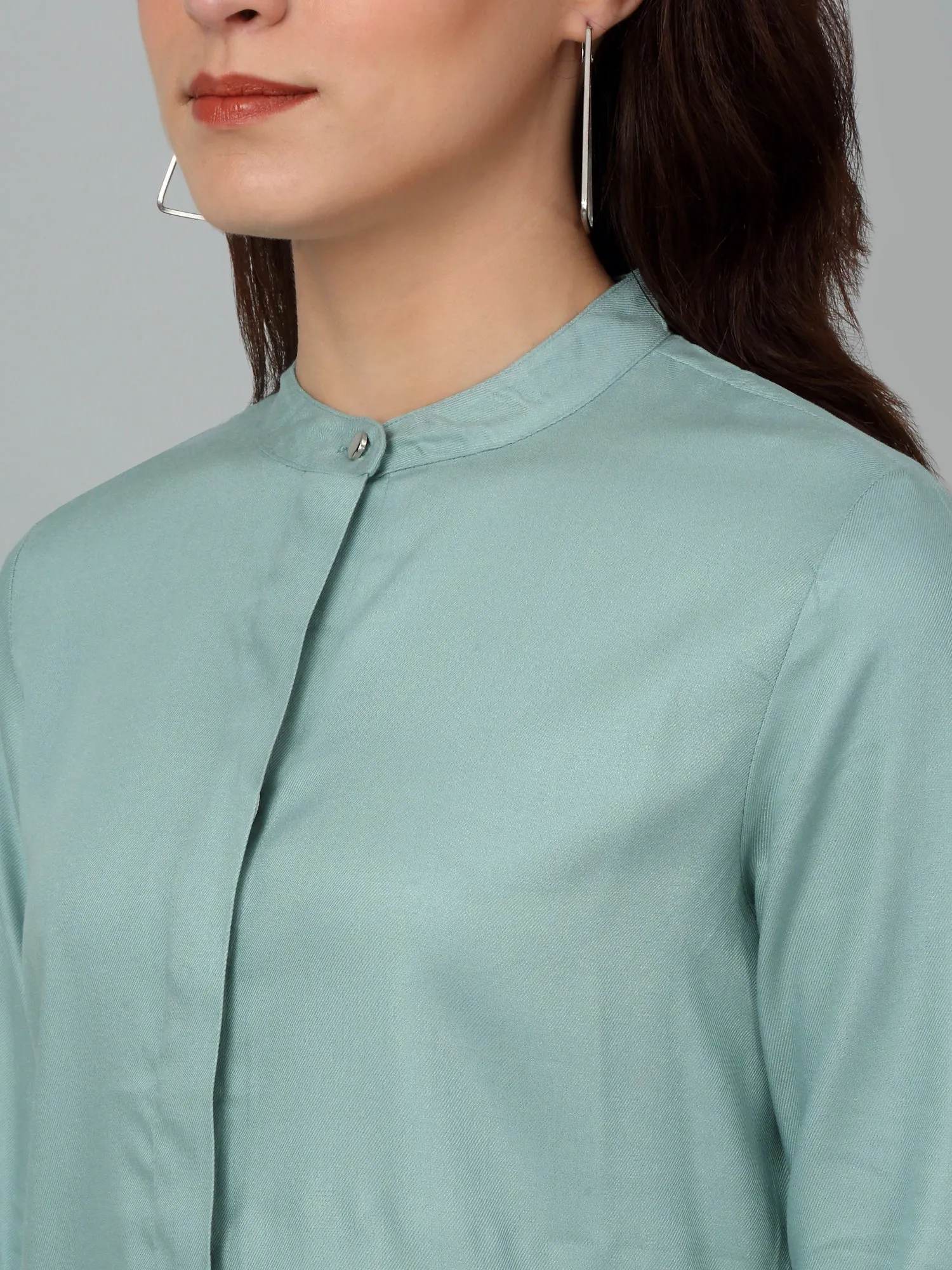 Women's Casual  Light Green Solid Mandarin Collar Tunic