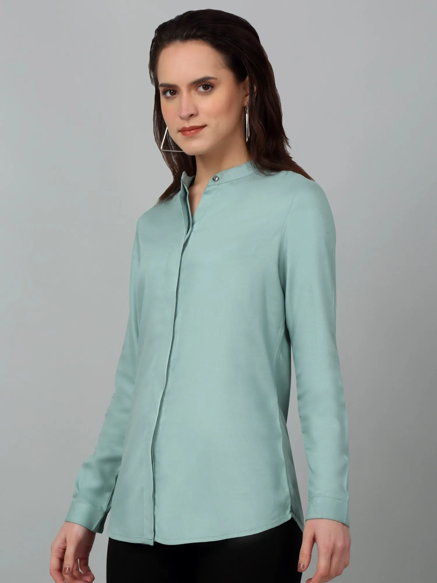 Women's Casual  Light Green Solid Mandarin Collar Tunic