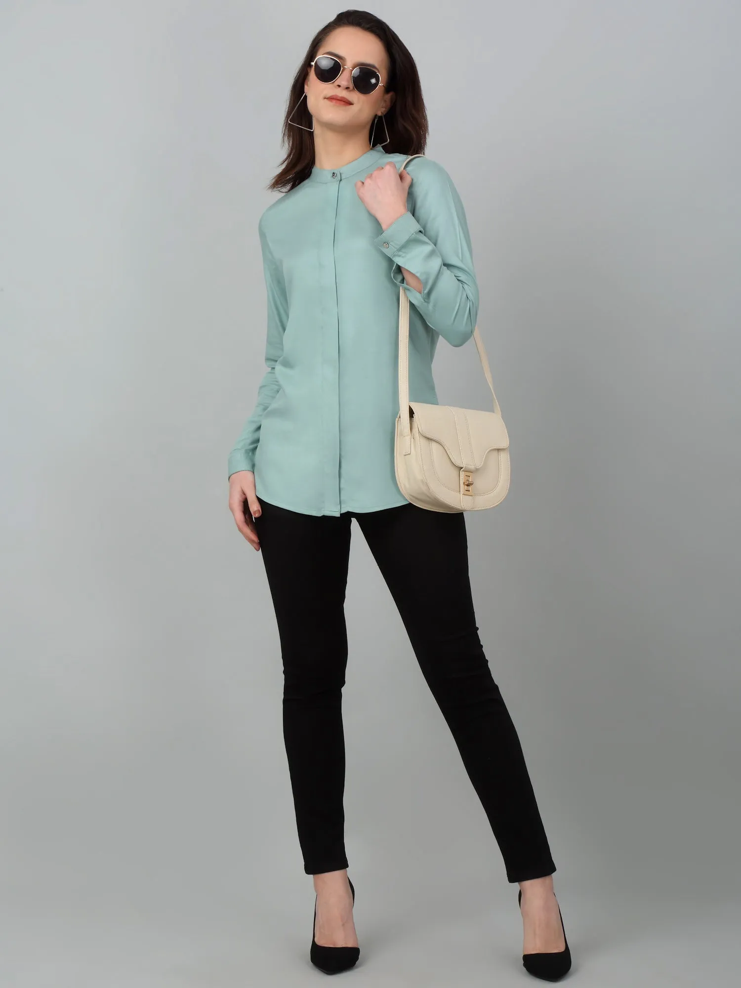 Women's Casual  Light Green Solid Mandarin Collar Tunic