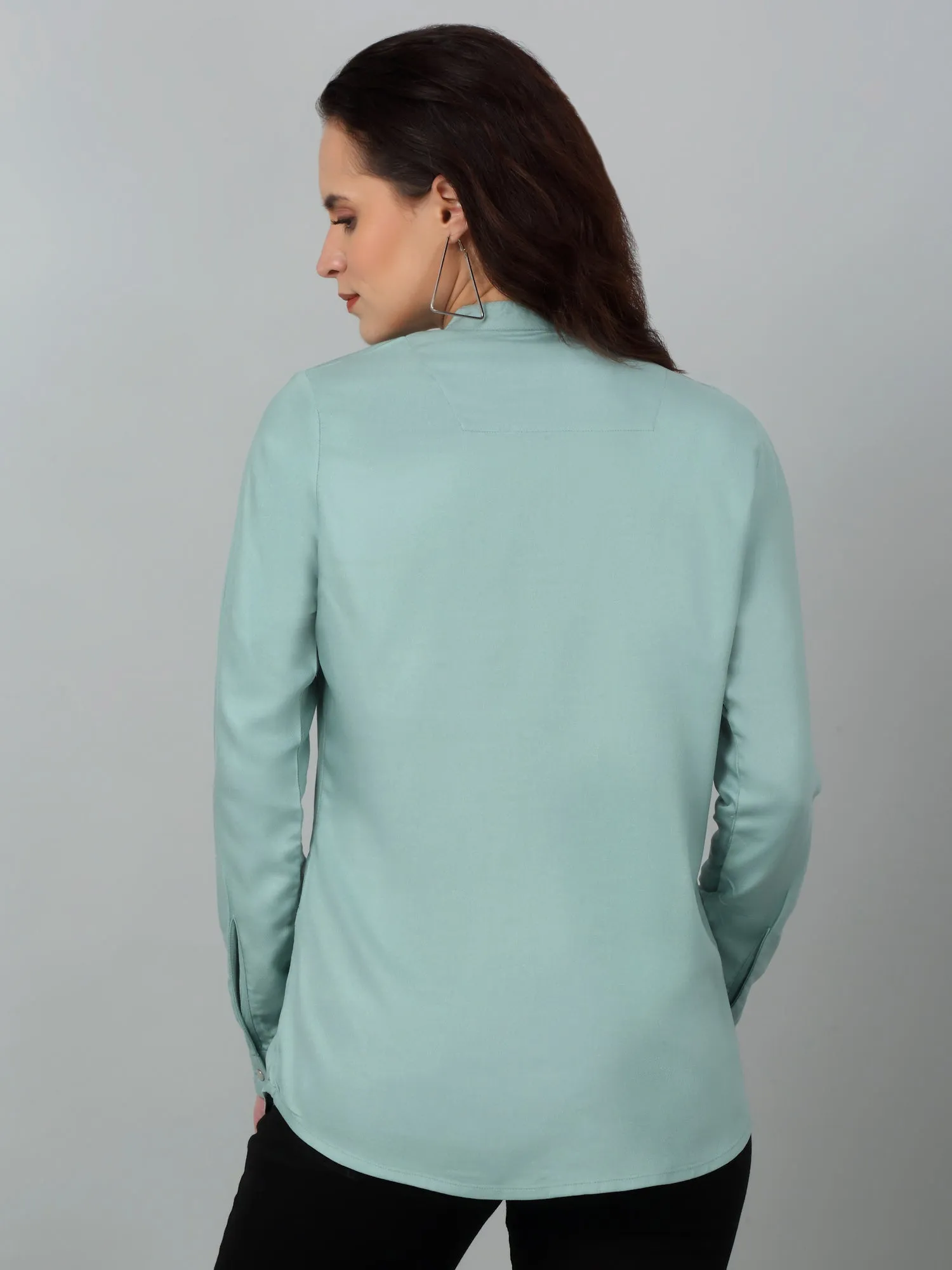 Women's Casual  Light Green Solid Mandarin Collar Tunic