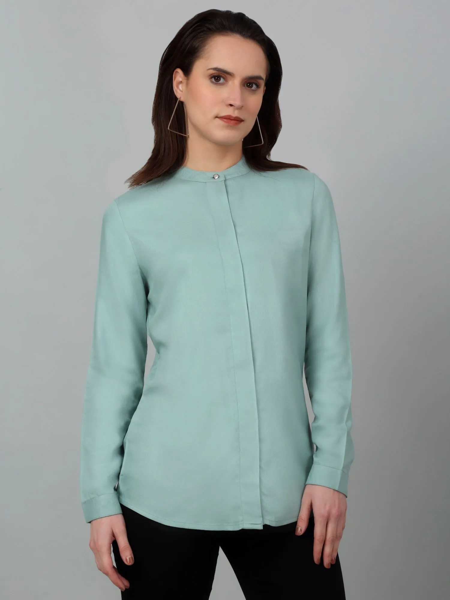 Women's Casual  Light Green Solid Mandarin Collar Tunic