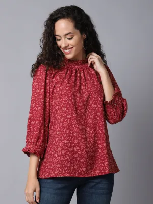 Women's Casual  Magenta Floral Print Ruched neck line Top