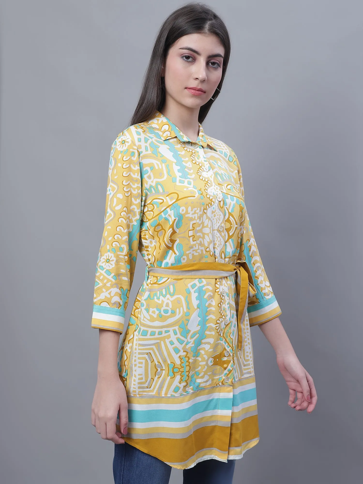 Women's Casual  Mustard Border Print Spread Collar Tunic